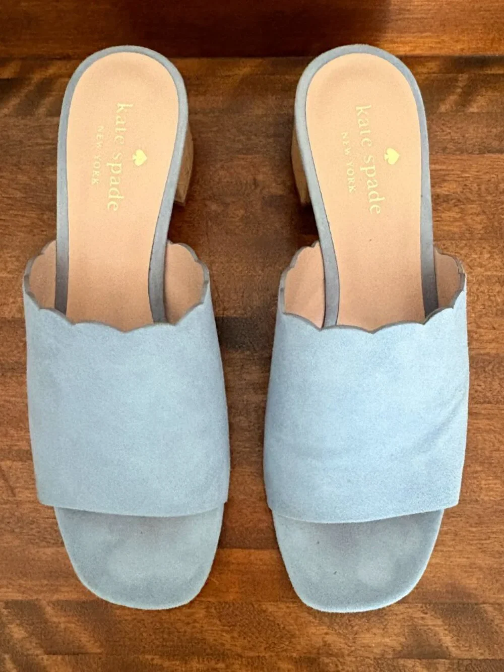 Kate Spade Blythe Blue Suede Scallop Cork Block Heel Mule Sandals Coastal Chic 8